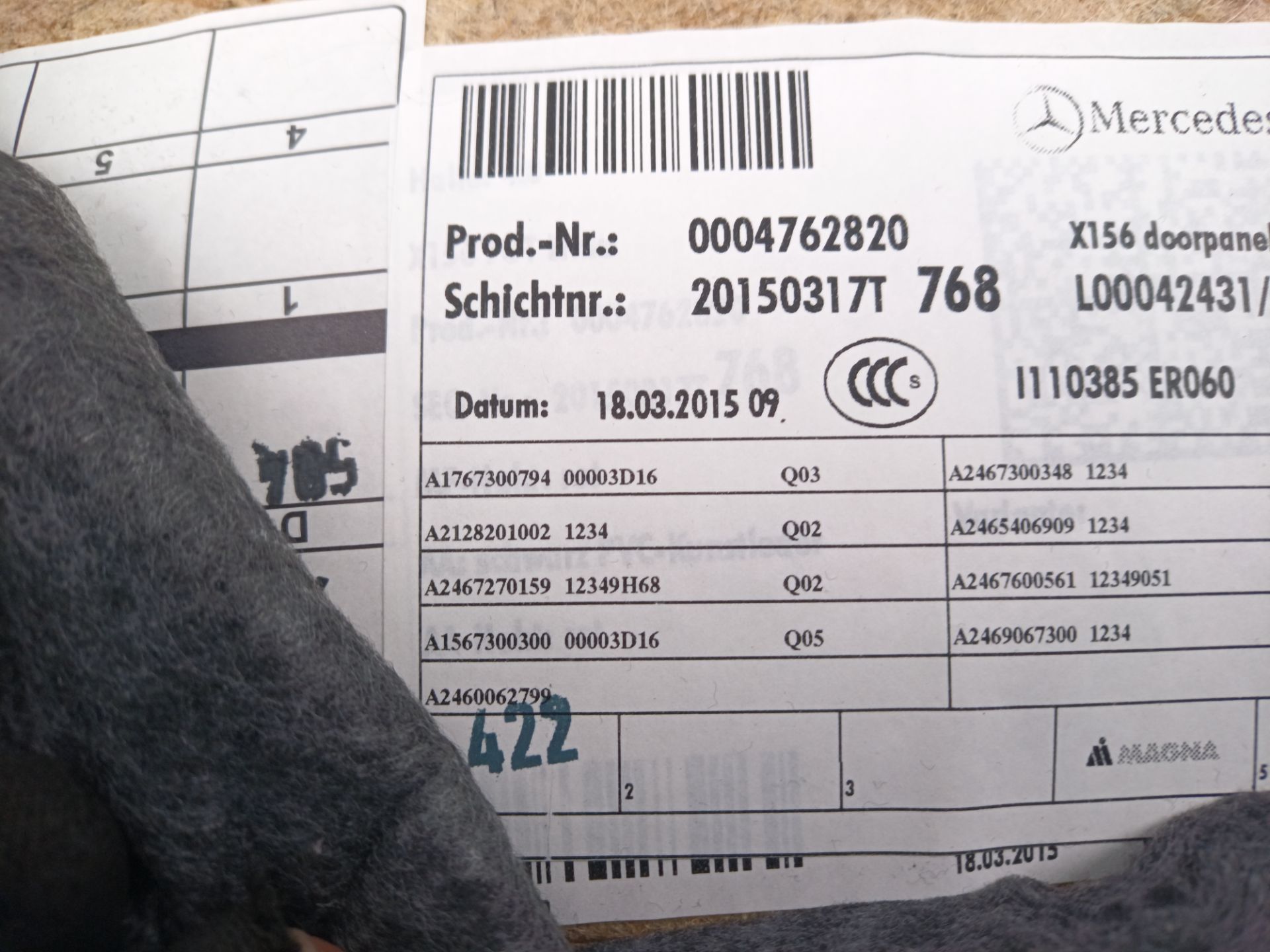 GUARNECIDO PUERTA TRASERA IZQUIERDA Mercedes-Benz GLA (BM 156)